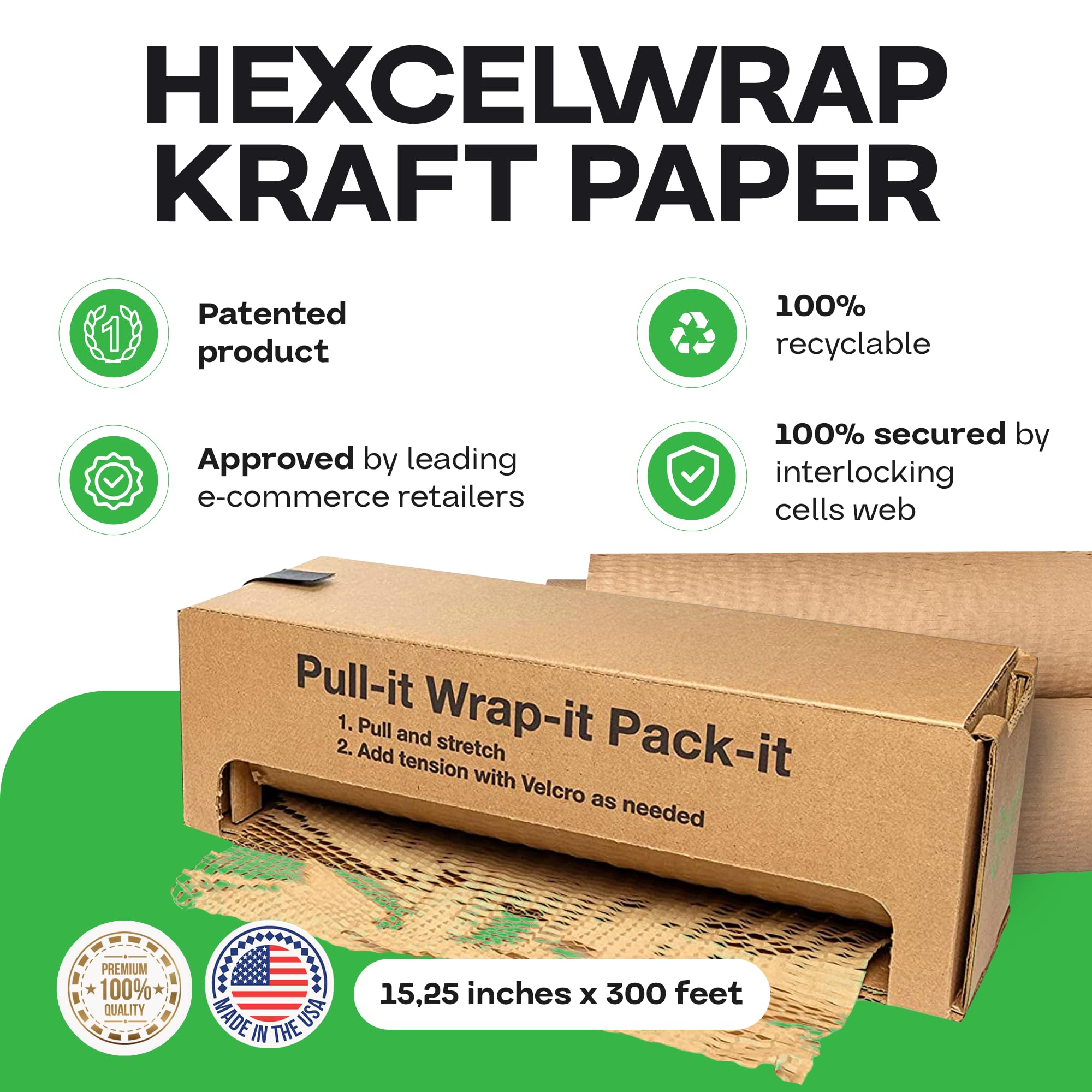 IDL Packaging HexcelWrap Dämpfendes Kraftpapier 38,7 cm x 300 m in Selbstdosierbox - umweltfreundliche Waben-Alternative zu Luftpolsterfolie - innovative Verpackungspapierrolle für Versand und Umzug