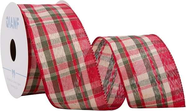 QIANF Burlap Plaid Wired Edge Ribbons 2.5" x 10 Yards, Buffalo Check Christmas Ribbon for Christmas Tree Decoration, Bow Making, Gift Wrapping, Wreath, DIY Craft, Farmhouse Home Deor, Red/Ivory/Moss