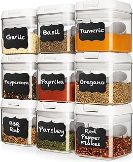 Airtight 9 Pc Mini Container Set + 9 Spoons, Labels & Marker - Durable Clear Plastic Food Storage Containers with Lids - Kitchen Cabinet Pantry Containers for Spices, Herbs, Coffee, Tea WHITE