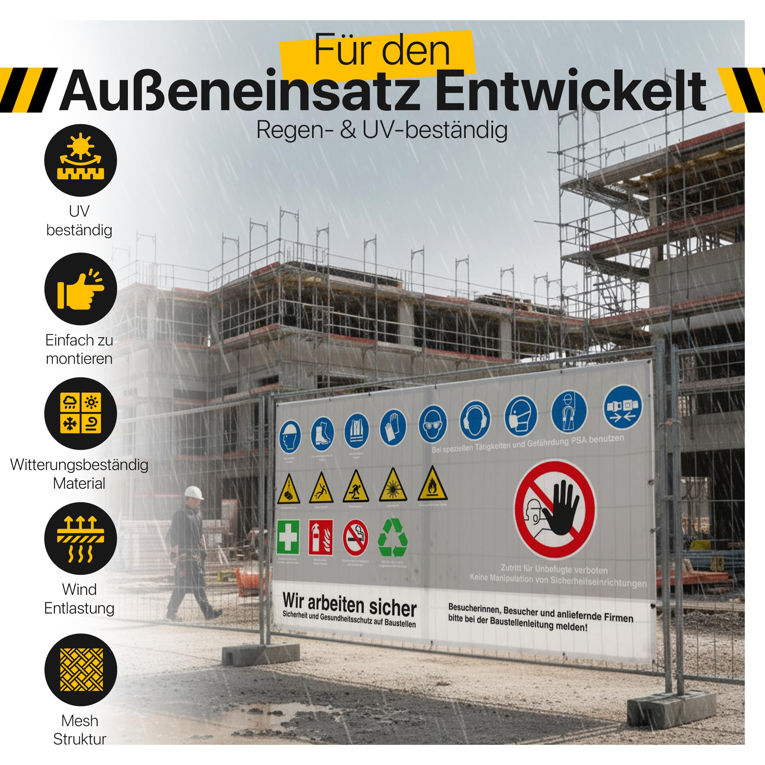 FBS Pancarta para obras de construcción, 340 x 173 cm, malla, pancarta de seguridad con respeto a la obra, apto para vallas de construcción