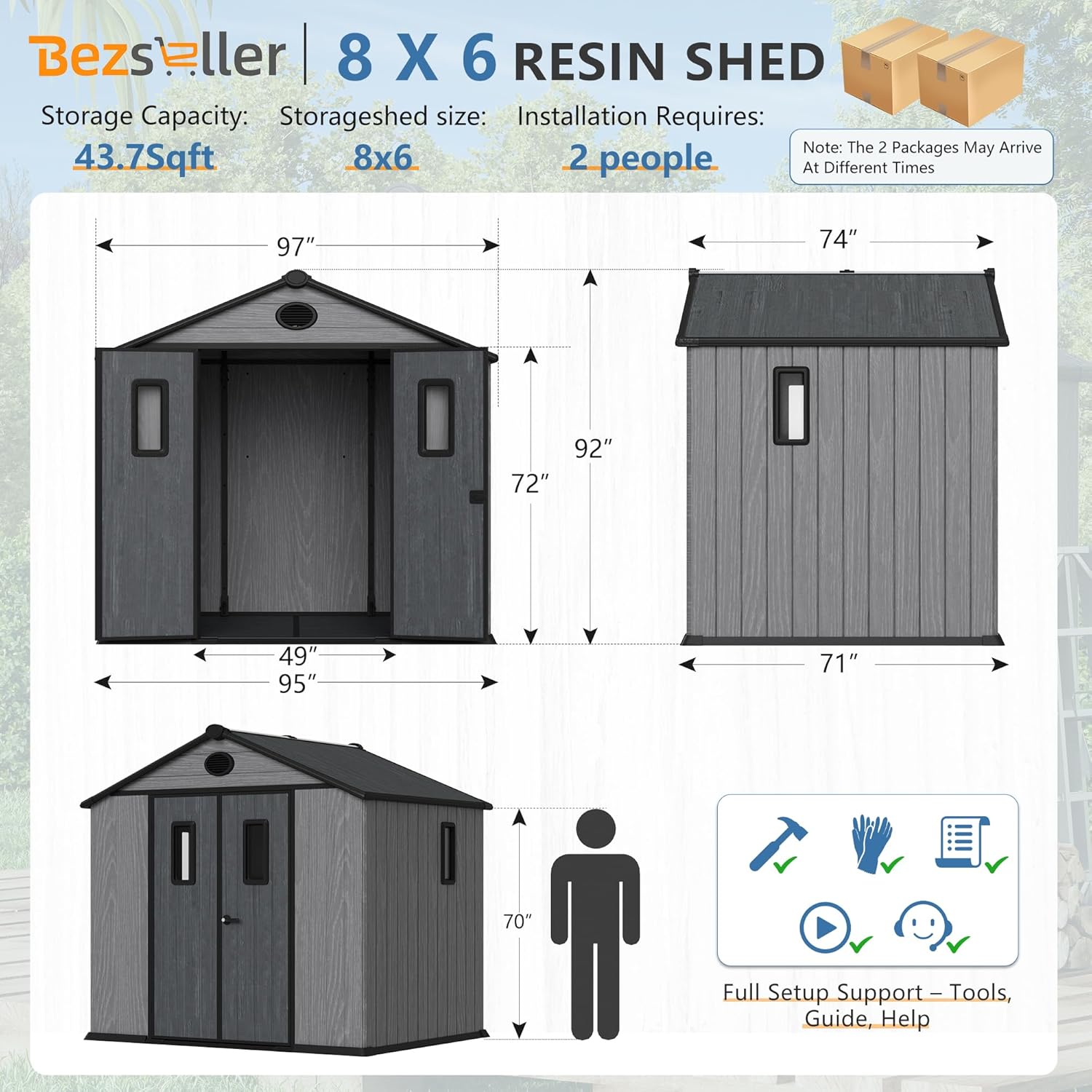Bezseller 8'x6' Resin Storage Shed with Floor, Outdoor Plastic Shed for Backyard, Lawn Equipment & Patio Furniture, Waterproof UV-Resistant Tool Shed with Interlocking Panels,Grey