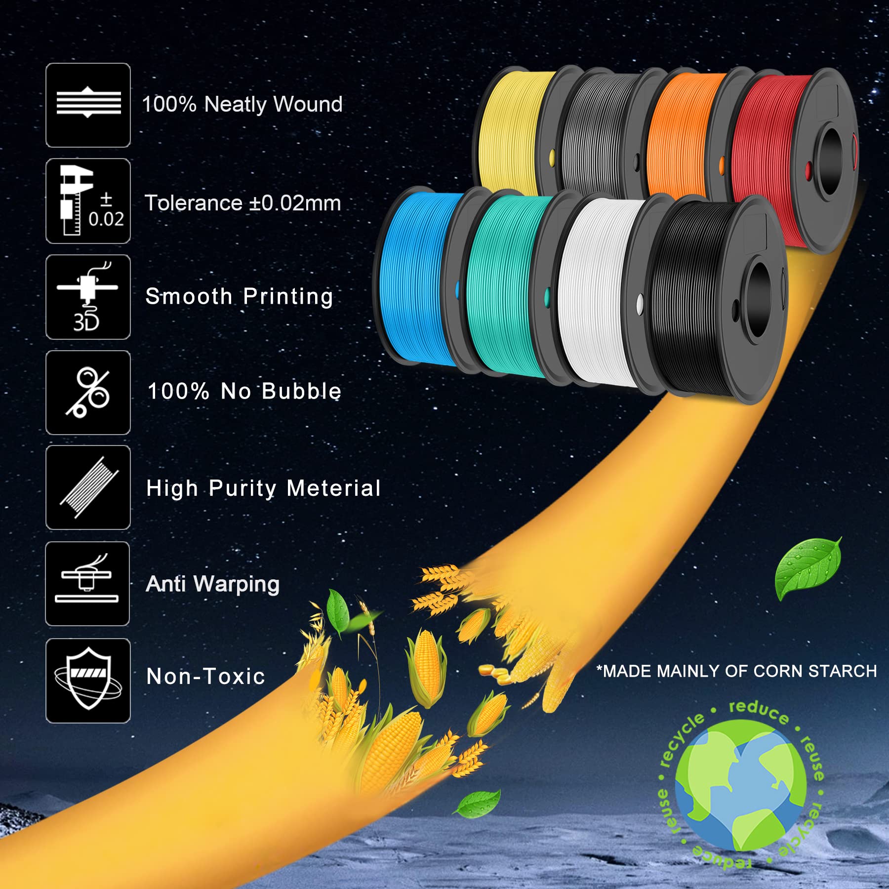 SUNLU 250g*8 PLA+ Filamento 1.75mm Stampante 3D, Precisione +/- 0.02mm, 8 Rotoli 0.25kg (Nero+Bianco+Grigio+Verde menta+Giallo limone+Arancio solare+Rosso ciliegia+Blu cielo)