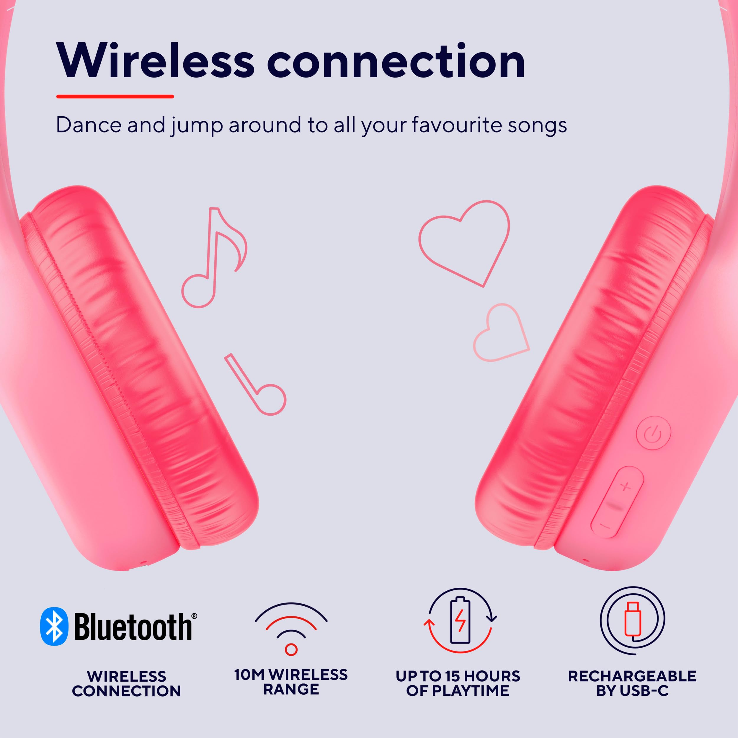 Trust Nouna Cuffie Bluetooth per Bambina 4-10 Anni con Limitazione del Volume (85dB), Cuffie On Ear Pieghevoli con Microfono e Adesivi, Cuffie Wireless, 15h di Riproduzione per Musica, Rosa