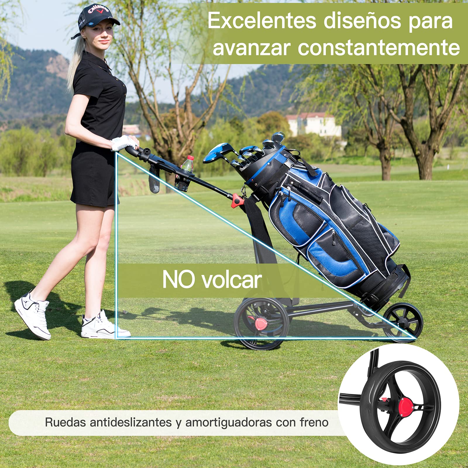 GYMAX Carro de Golf Plegable, 3 Ruedas, Red de Malla, Soporte Paraguas, Hierro, Negro