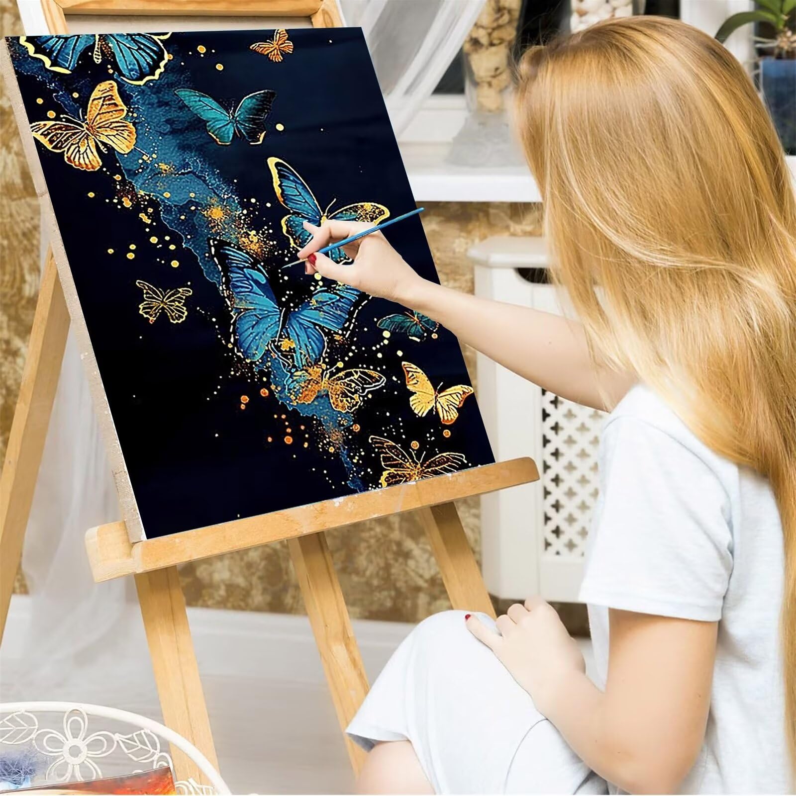 Peepezo Malen Nach Zahlen für Malen Nach Zahlen Erwachsene und Kinder Anfänger Kaskade Gemälde Schmetterlinge DIY Handbemalte Kits Acrylpigment Kunstwerk 60x80cm (mit Rahmen)