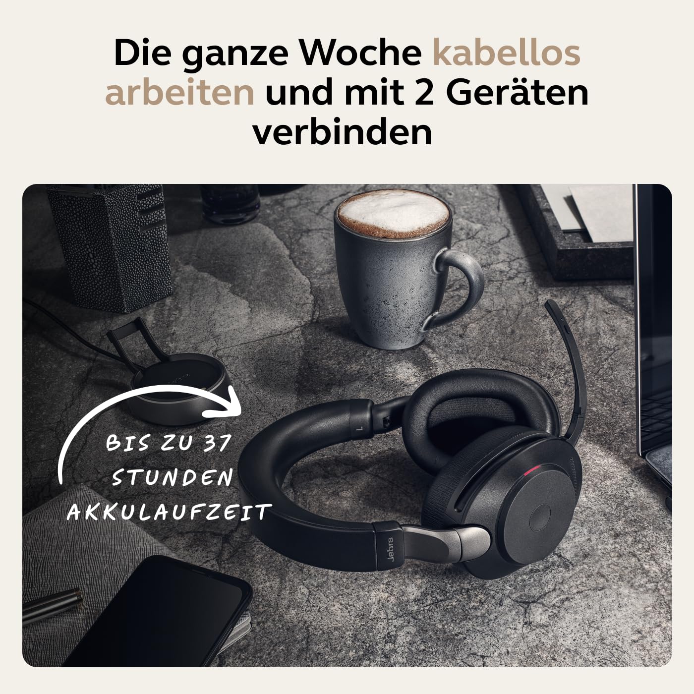 Jabra Evolve2 85 Wireless PC-Headset mit mikrofon - Geräuschunterdrückung UC-zertifizierter Stereo-Kopfhörer mit langlebigem Akku - USB-C Bluetooth-Adapter - Schwarz