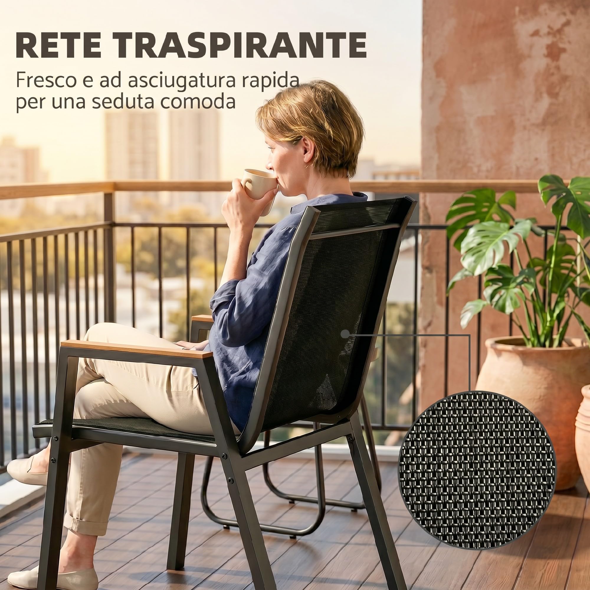 Outsunny Set da Bistrò da 3 Pezzi con 2 Sedie in Texteline, Tavolo Effetto Marmo e Braccioli Decorativi, Set di Mobili da Giardino in Metallo per Terrazzo Patio Balcone, Nero