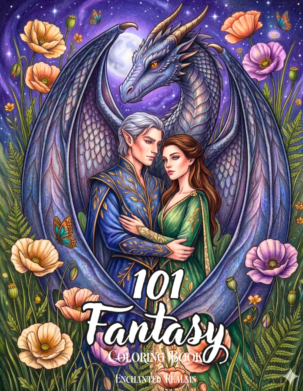 101 Fantasy Coloring Book for Adults and Teens: Beautiful Enchanted Realms with Magical Creatures, Dragons, Gnomes, Fairies, Elves, Detailed ... Flowers, and more for Mindful Relaxation