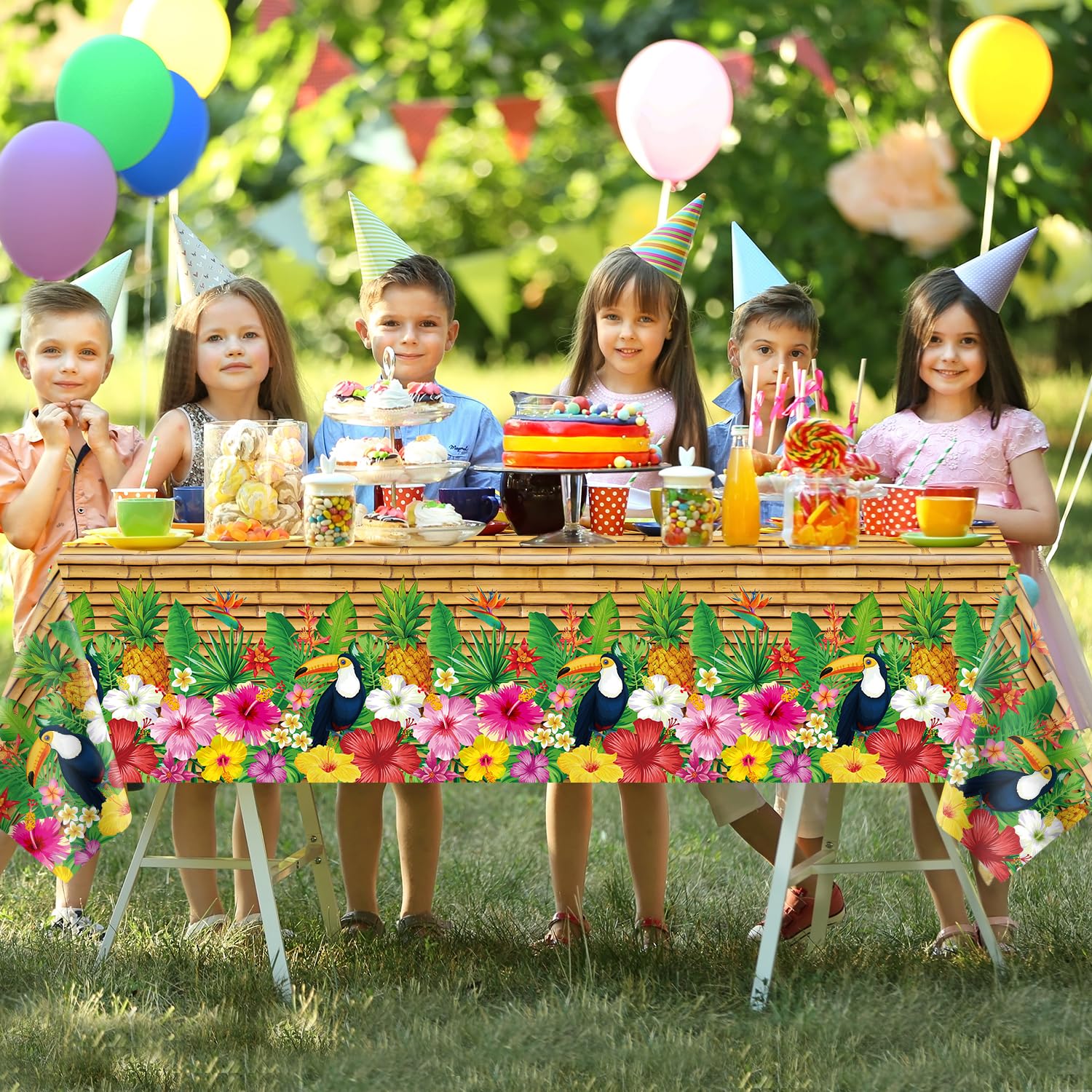 Dvaorc 4 Pack Luau Hawaiian Tablecloths Tiki Tablecloth Tiki Totem Decor Aloha Tiki Bar Tropical Table Cloth Hawaiian Luau Table Cover Toucan Bird Theme Beach Pool Party Decorations 86 x 51 IN - Image 3