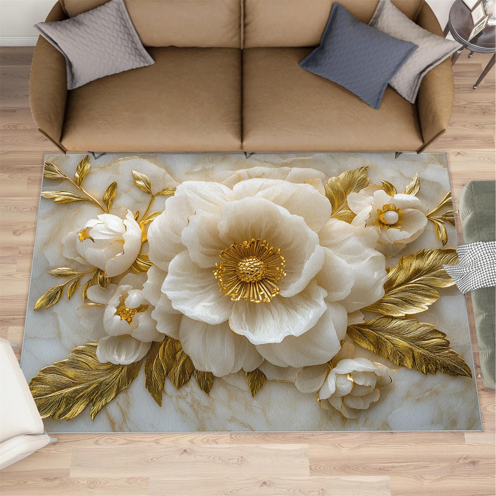 3D Relief Floral Area Rug 3x5-3x5 Rug, European Luxury Rugs for Living Room, White Marble Carpet, Modern Washable Area Rugs for Bedroom, Light Luxury