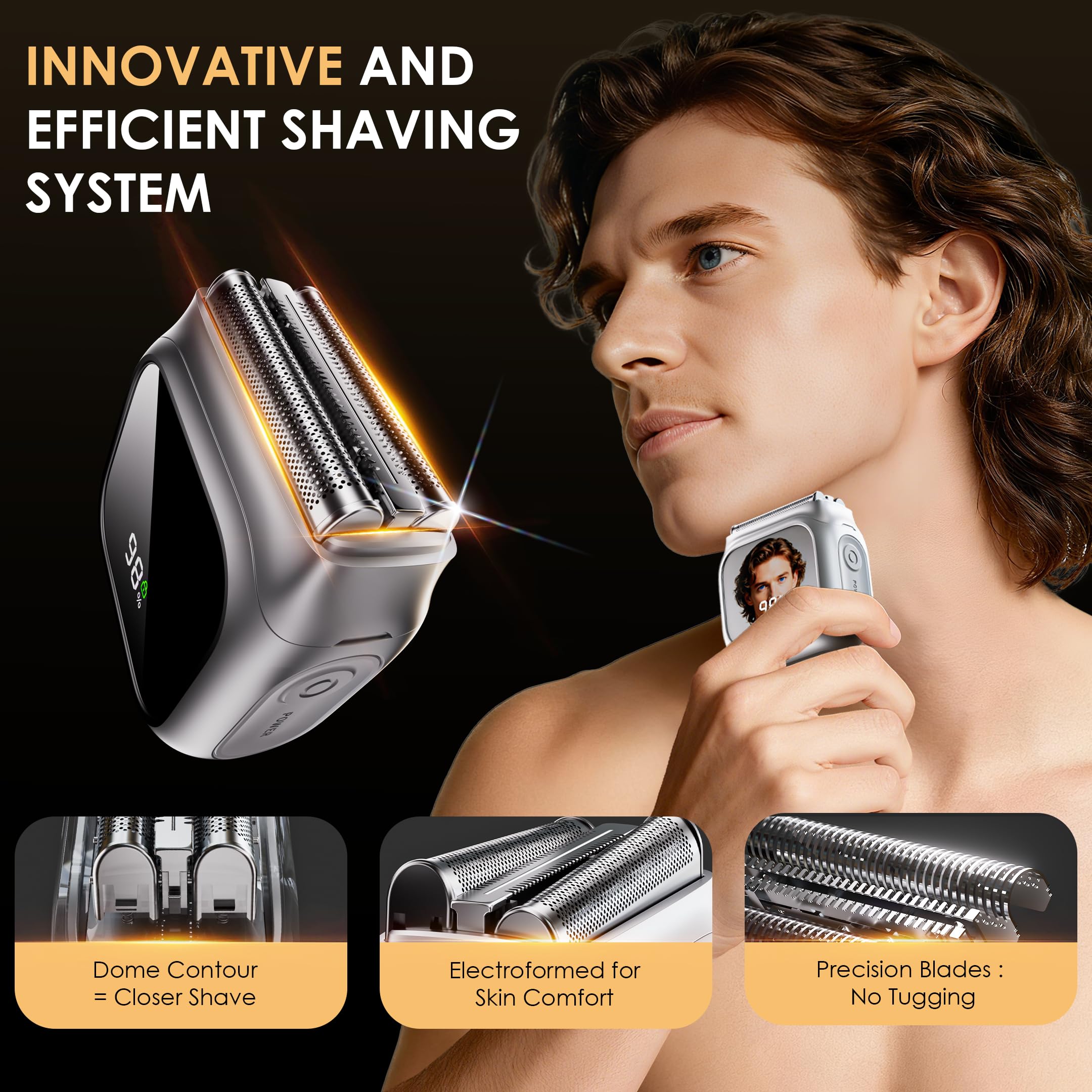 Rasoio elettrico da uomo, design innovativo a specchio, rasoio da uomo con motore da 20.000 giri/min, display a LED, 3 lame galleggianti, impermeabile IPX7, mini rasoi a lamina da uomo, perfetto per