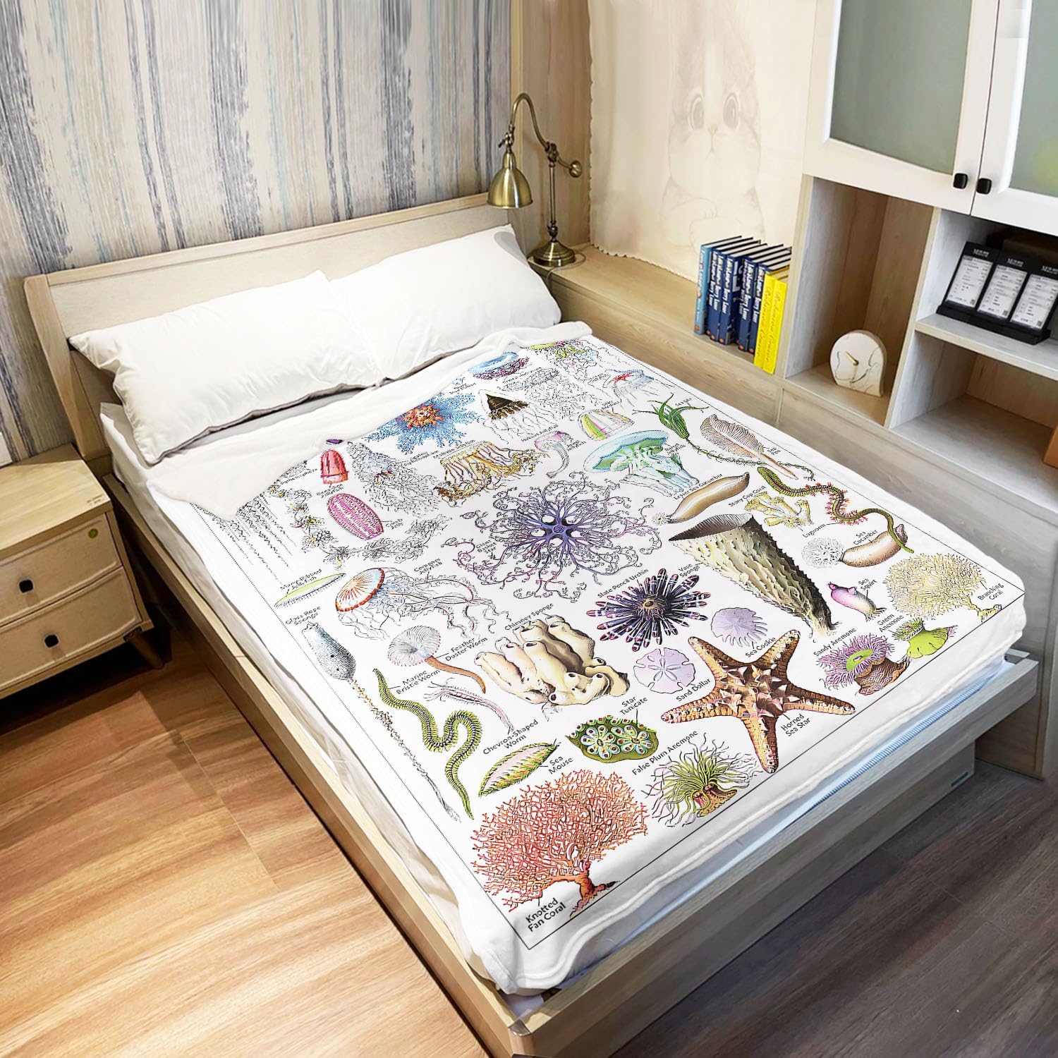 SXCHEN Jellyfish Throw Blanket 60" x 80" Plush Blankets for Couch Sofa Bed,Soft Cozy Warm Lightweight Fuzzy Throws with Vintage Fauna Illustration of World Sea Life Marine Biology Science