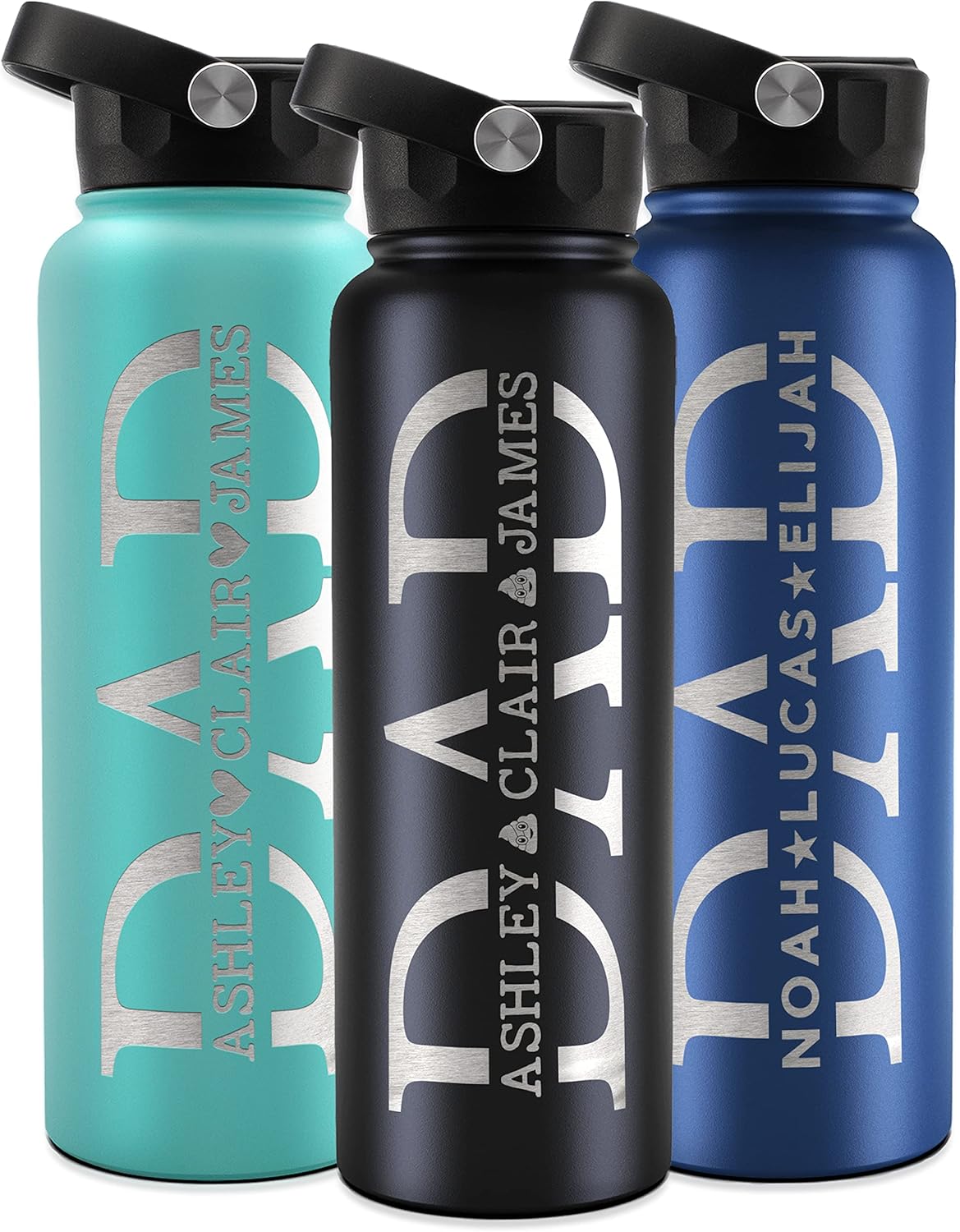 Personalized Dad Water Bottle with Kids Names, 18 Oz, Gifts for Dad From Daughter, Son, Engraved Dad Water Bottle, 9 Colors, 4 Fonts & 5 Icons, Custom Dad Gifts