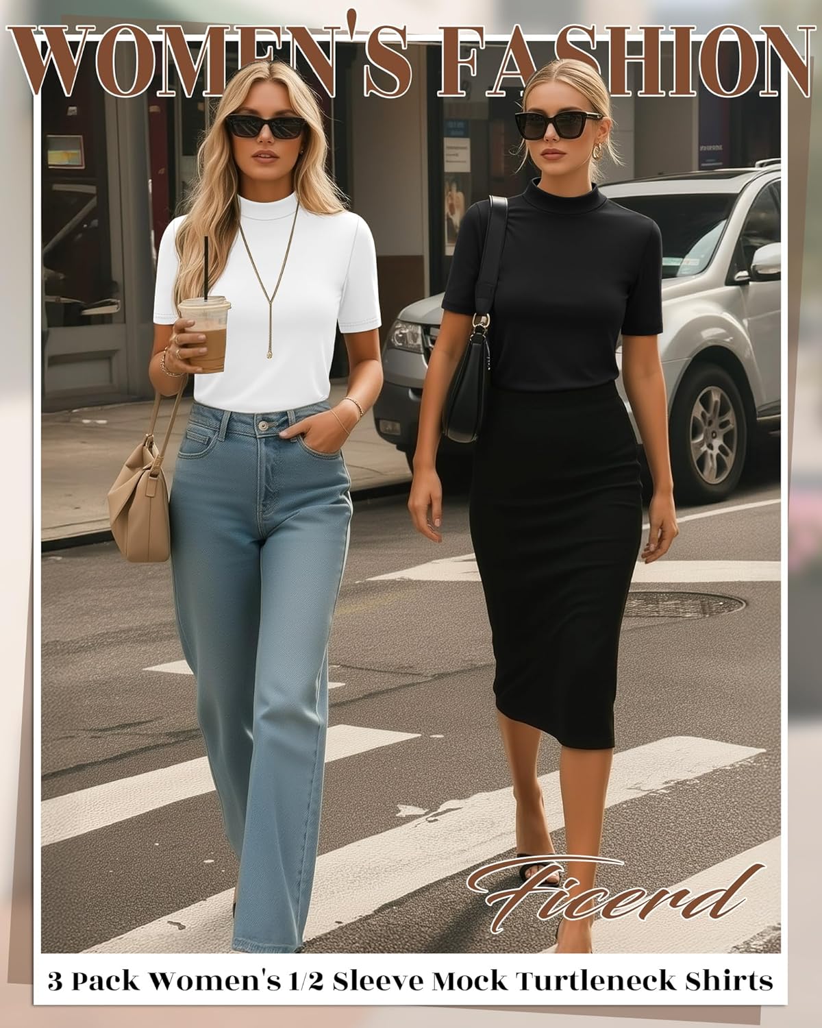 Ficerd 3 Pack Women's Mock Turtleneck T-Shirts 1/2 Half Sleeve Dressy Casual Tunic Tops Slim Fit Summer Basic Tee Shirts 2026 - Image 3