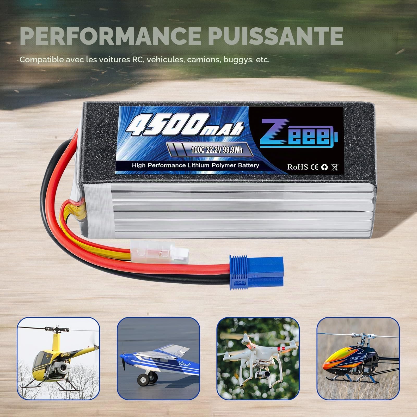 Zeee 6S Lipo Batterie 22,2V 100C 4500mAh RC Batterie avec Prise EC5 pour Avion RC hélicoptère RC Voiture Drohne Racing Hobby