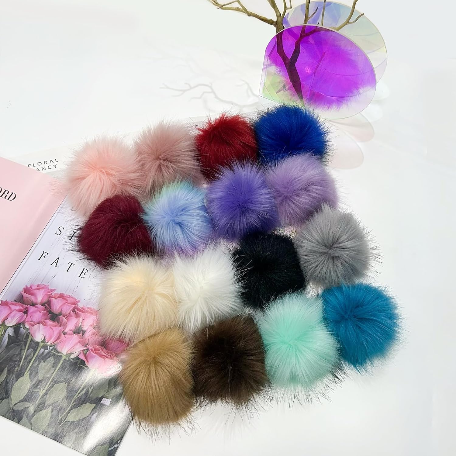 Allruyee 32 Pieces Pom Pom Faux Fur Pom Pom for Hats, Keychains, Scarves, Gloves & Bags Accessories with Elastic Loop, 16 Colors - Image 3