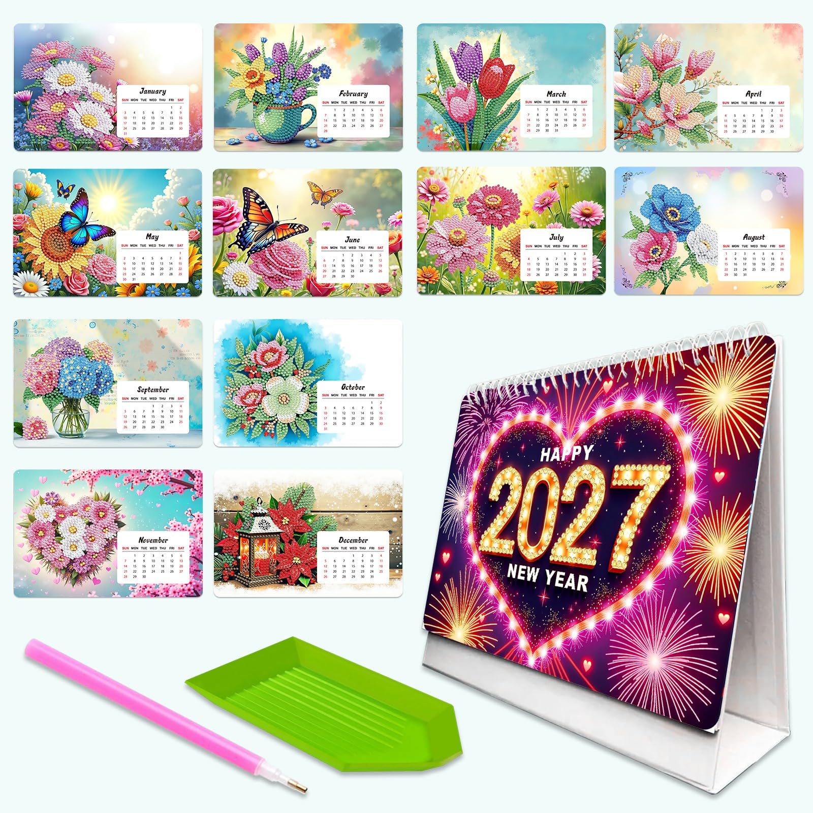 Lebartm 2027 DIY Diamond Art Desk Calendar Creative Design Thick Paper Calendar Ornaments Diamond Art Painting Monthly Flip Tabletop Calendar for Office Home Planning-Flowers