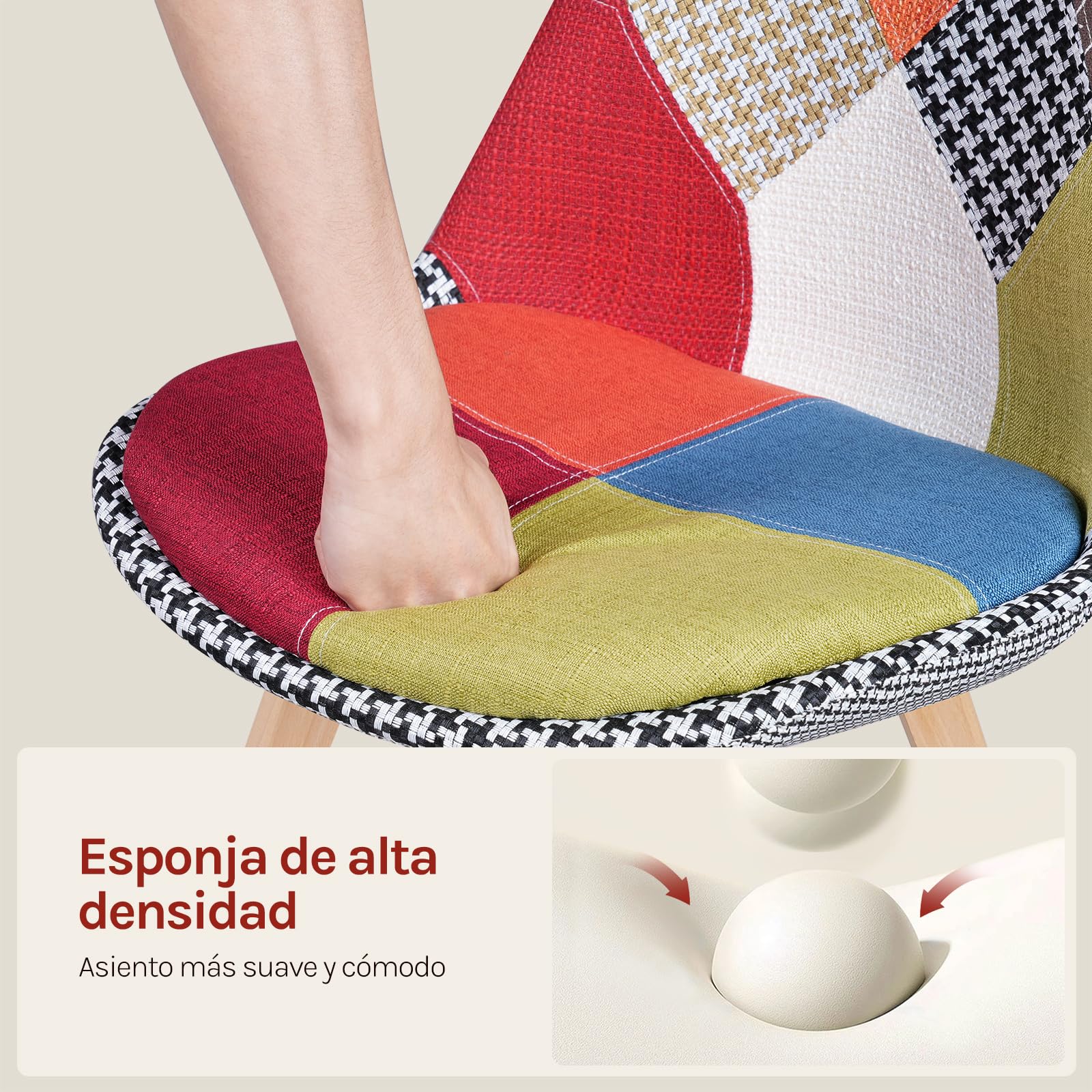 WOLTU Juego de 4 Sillas de Comedor,Patchwork,Multicolor | Patas de Madera Maciza FSC, Estilo Escandinavo, Transpirable y Cómoda, para Comedor o Salón