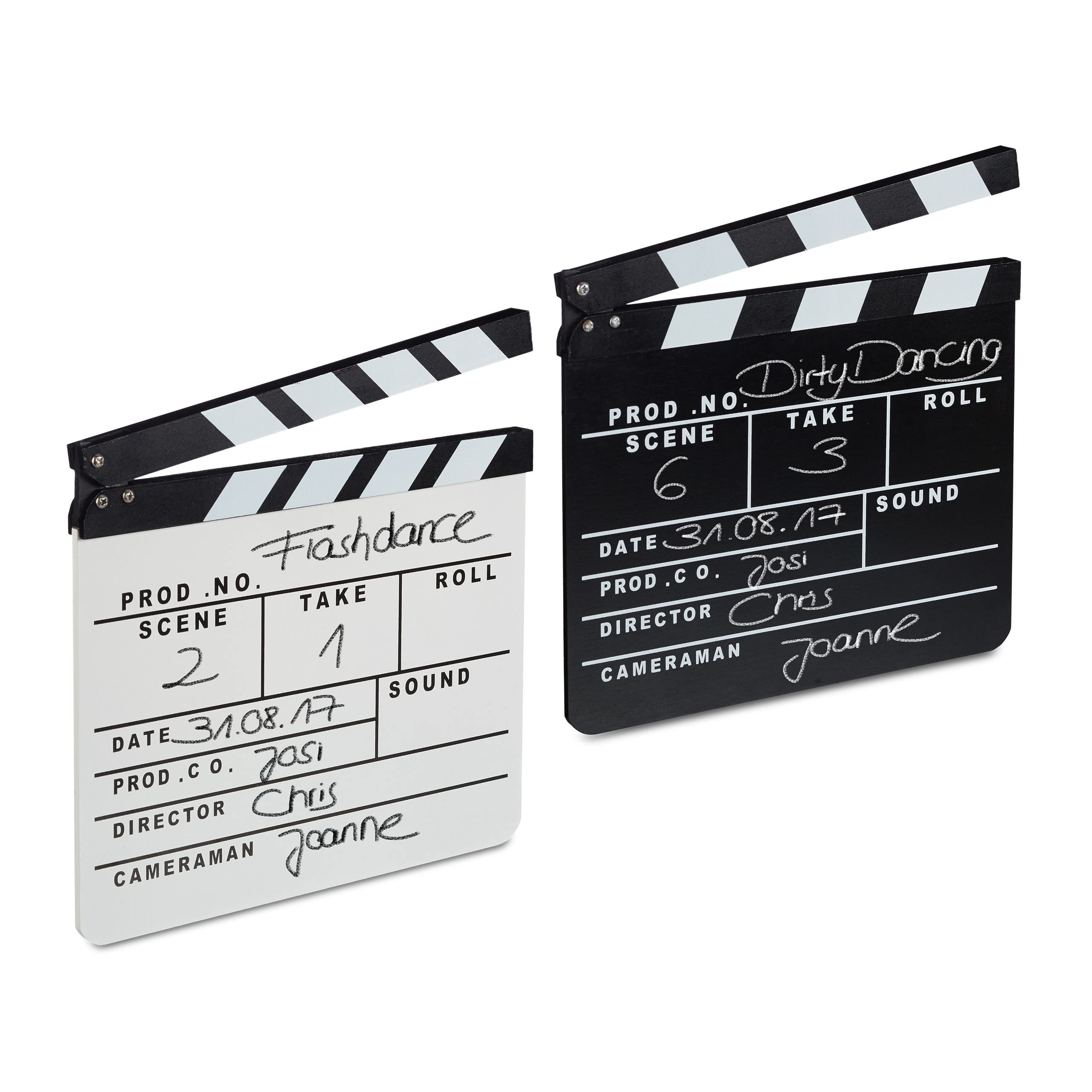 Relaxdays Clap de cinéma, Lot de 2, Hollywood, Film, clapet, Couper Les scènes, Inscription, HxlxP: 26 x 30 cm, Noir/Blanc