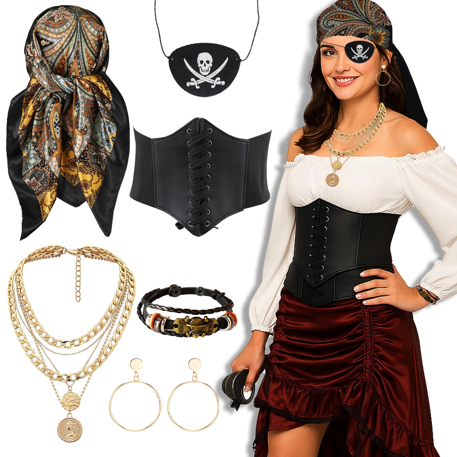 AYNKH Women's Pirate Costume Accessories Set-Headscarf,Sash Belt,Earring,Eye Patch
