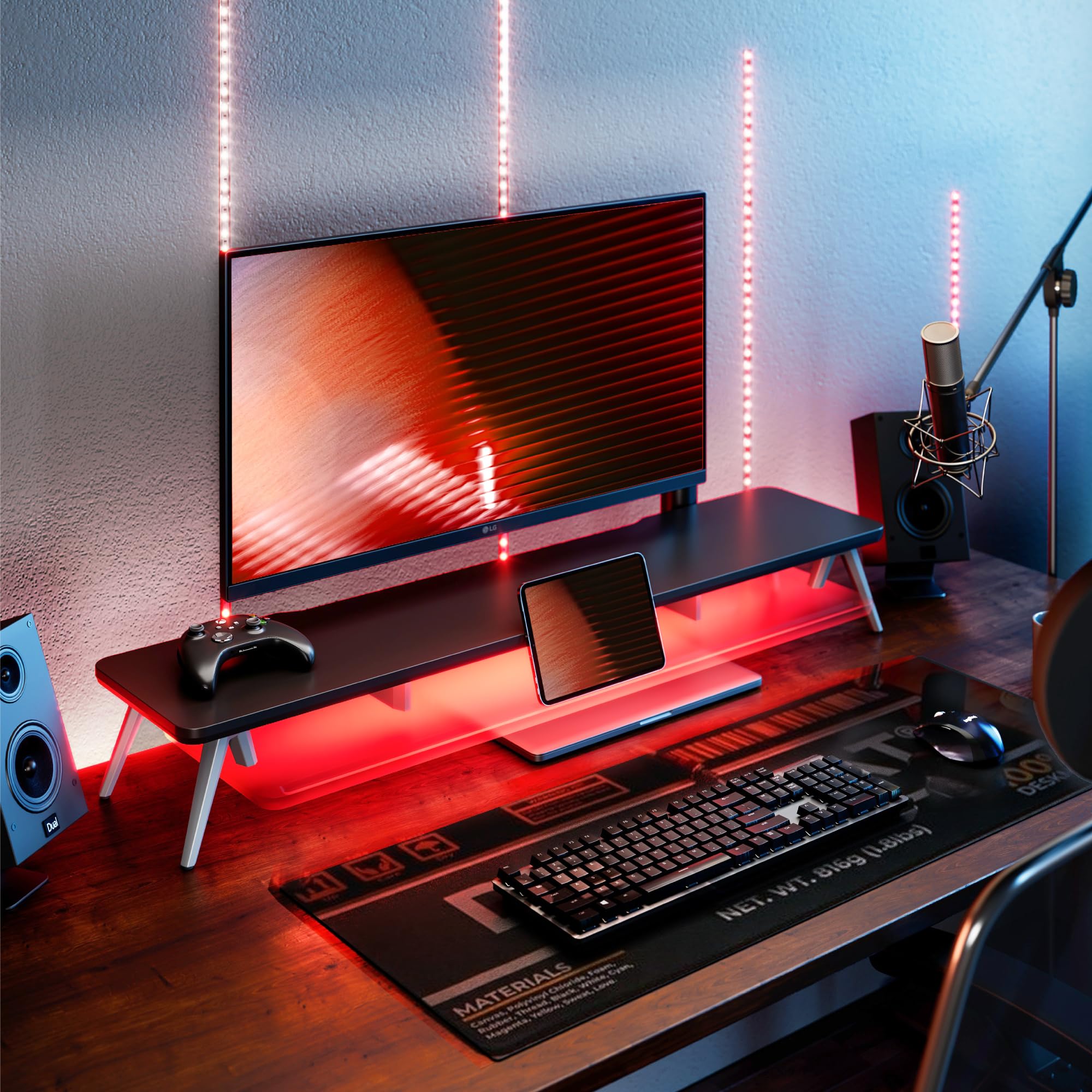 Fenge Supporto Monitor Scrivania, con Luci LED, Ripiano in Acrilico, 2 Livelli, Supporto per Telefono/Tablet/Penne, Carico 45KG (Nero)