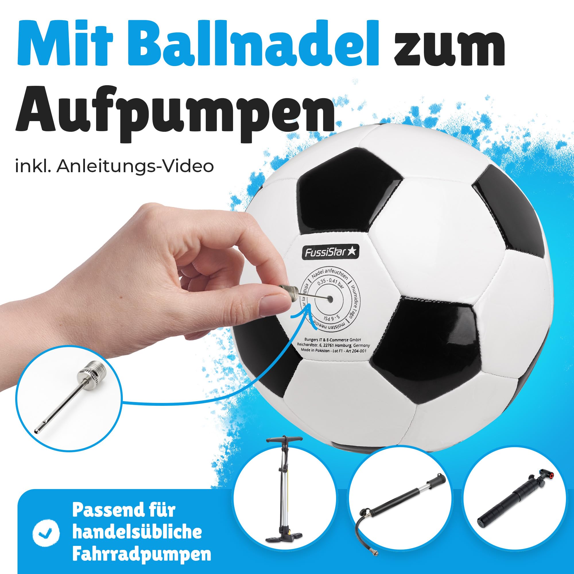 Fußball Größe 3, klassisch schwarz-weiß, für Kinder ab 3 - 7 Jahre. Robust & hochwertig, 290g leicht, klein und weich, als Bambini-Fussball, Spielball für Kinder oder als Geschenk - Set mit Ballnadel
