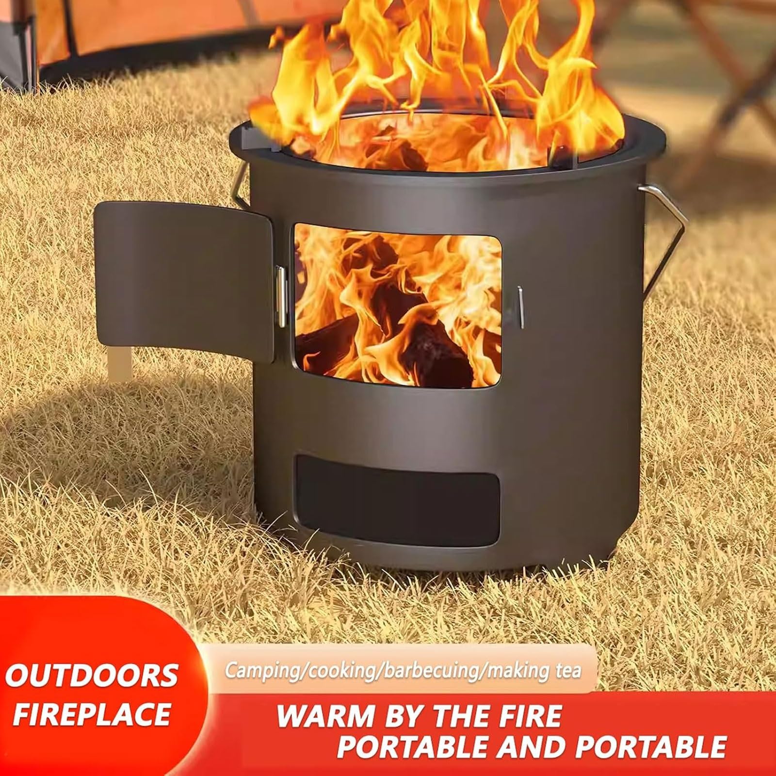 Chauffage De Tente Camping Portable Avec Grille De Cuisson Pour Le Camping | Réchaud De Tente Bois Avec Poignée Multifonctionnel, Réchaud À Fusée À Charbon De Bois Porte À Verrouillage(1PC)