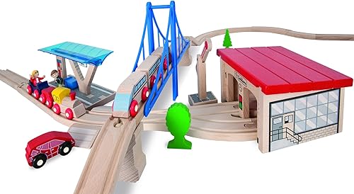 Miniatura 3 de Eichhorn Juego de tren de madera grande (58 piezas), marrón