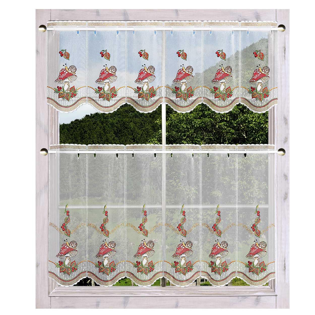 Bestickte Scheibengardine Herbstzeit Vogtländische Spitze | Kurzgardine Panneax mit Fliegenpilzen und Buntem Herbstlaub | Kurzgardine als Herbstdekoration im Landhaus-Stil Höhe x Breite 55 x 112 cm