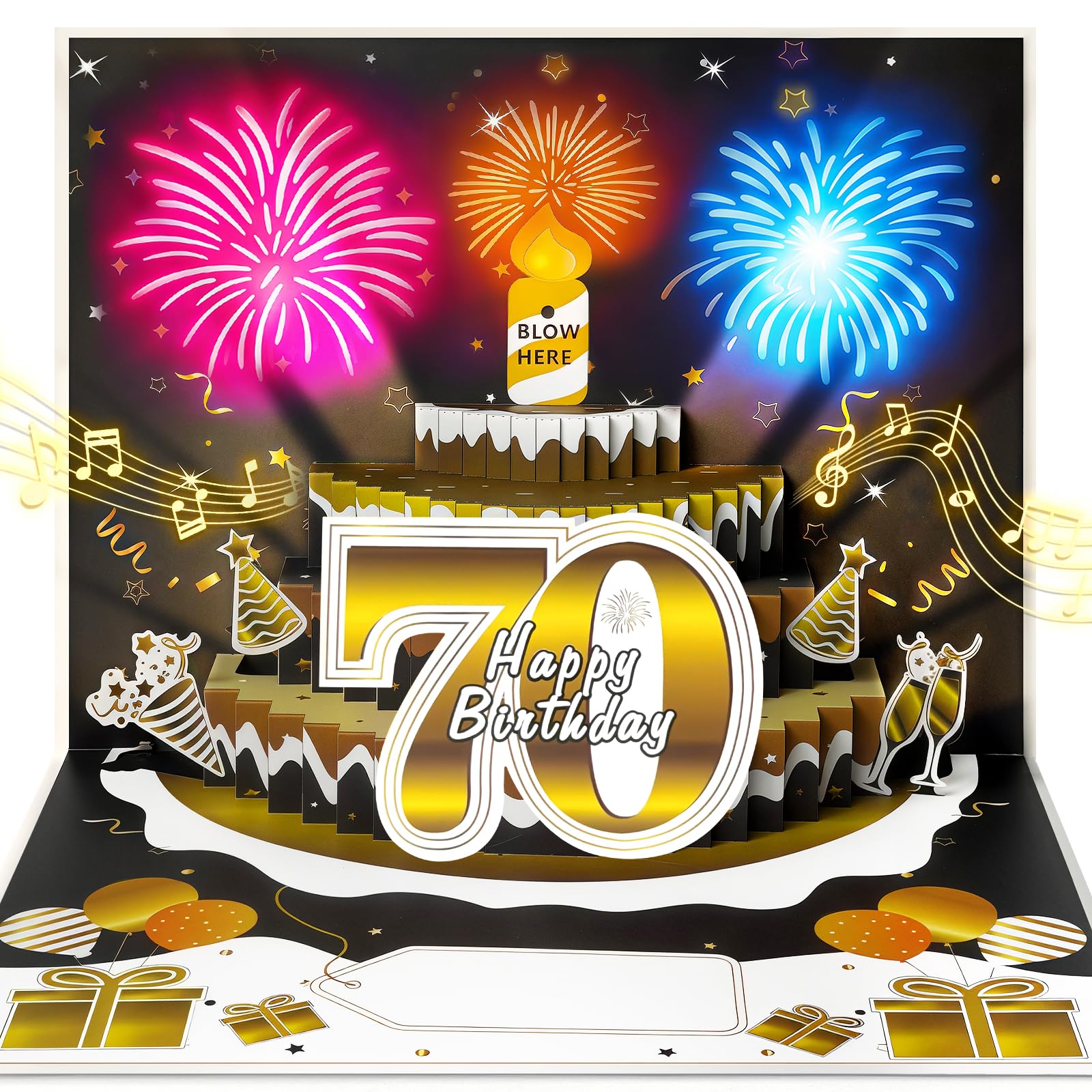 YianHien 70th Birthday Card for Men, Musical Birthday Card with Blowable Candle & Light Up Fireworks, 3D Pop Up Singing Cards Decorations, 70th Gifts for Men