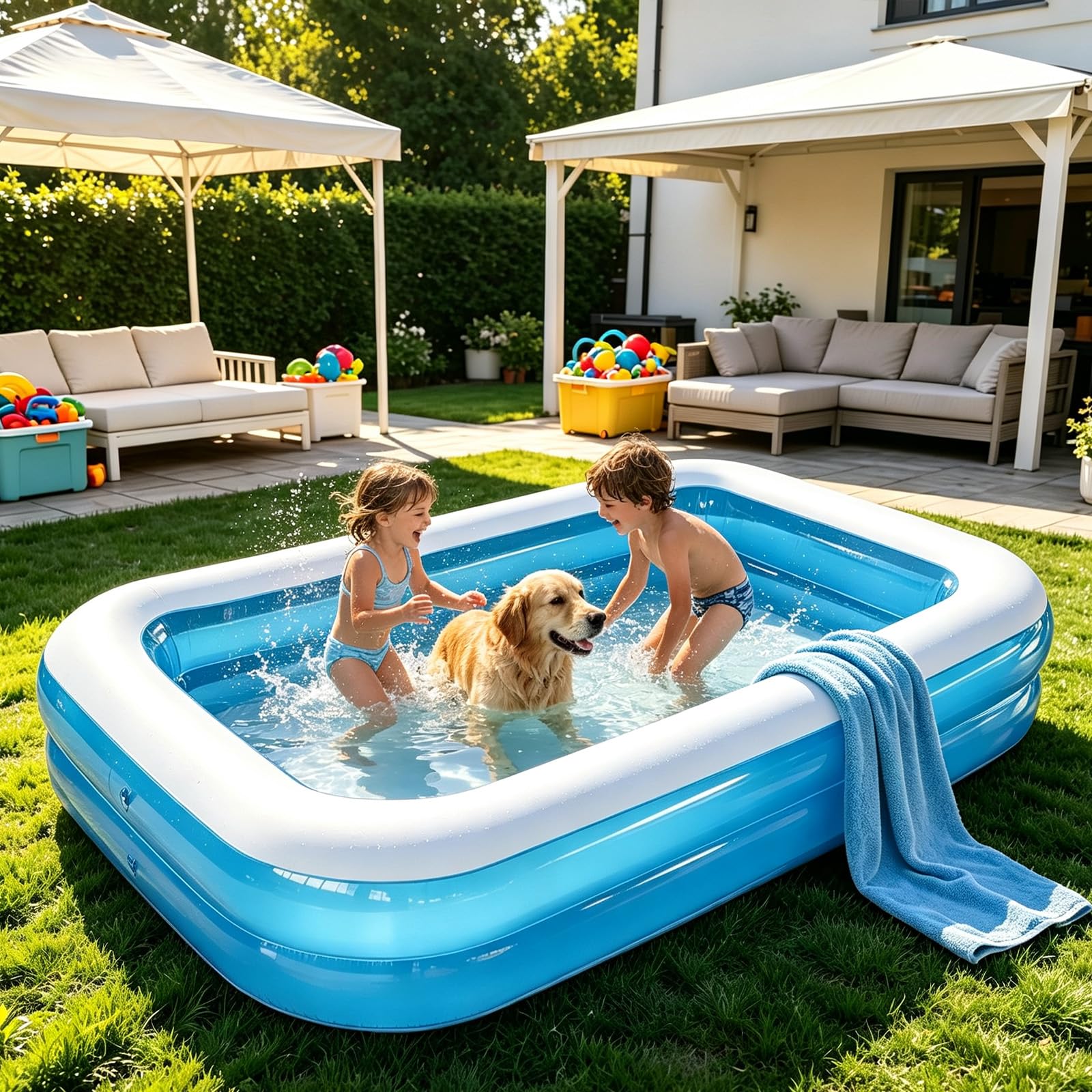 Piscine Gonflable, Piscine Gonflable Familiale Rectangulaire, 200x150x50cm, Anti-éclatement, Spacieuse, pour Jardin, Terrasse et Moments de Fraîcheur