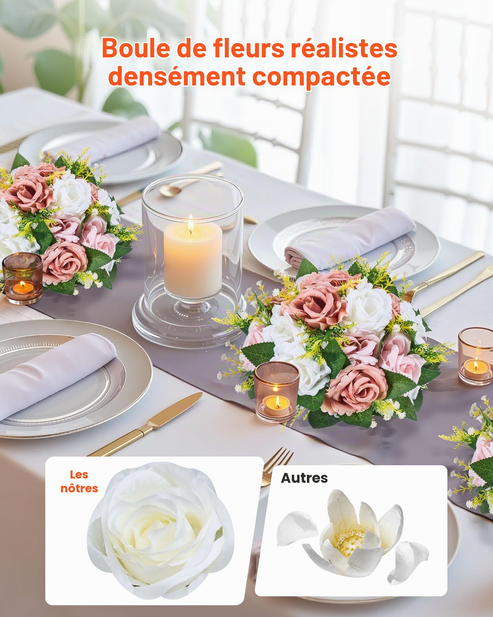 VEVOR Boules de Fleurs Artificielles, Lot de 10, Diamètre 24 cm, Compositions Roses Artificielles pour Centres de Table, Mariages, Fêtes, Saint-Valentin, Décoration d'Intérieur, Roses en Rose et Blanc