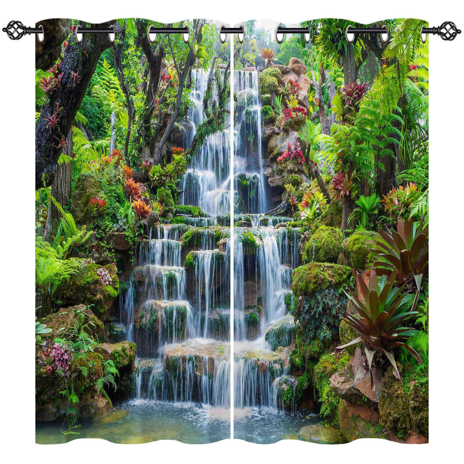ANHOPE Waterfall Curtains Eyelet Blackout Thermal Insulated Curtains Nature Scenery Garden Waterfall Print Pattern Soft Soundproof Privacy Window Drapes for Bedroom Living Room 42 x 63 Inch 2 Panels — image 1