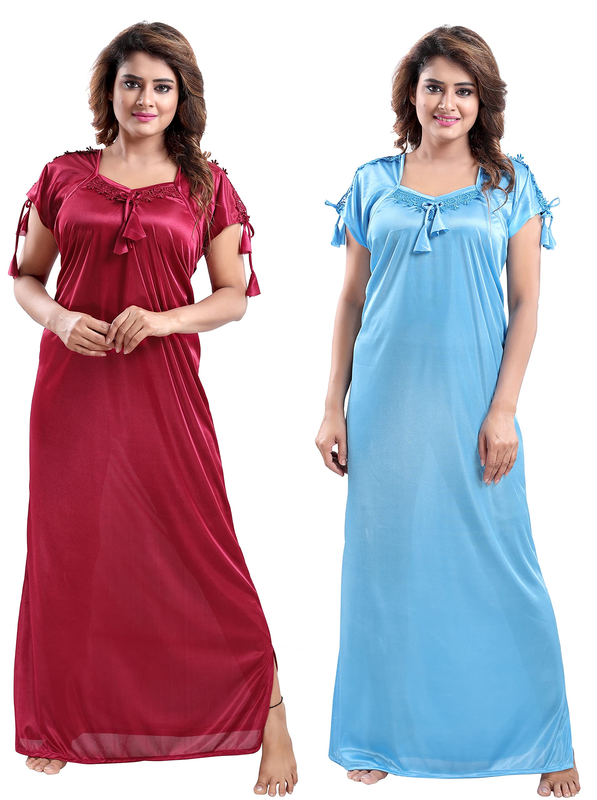 LIFE-TALEWomen's Satin Solid Maxi Nighty (Pack of 2)(Combo)