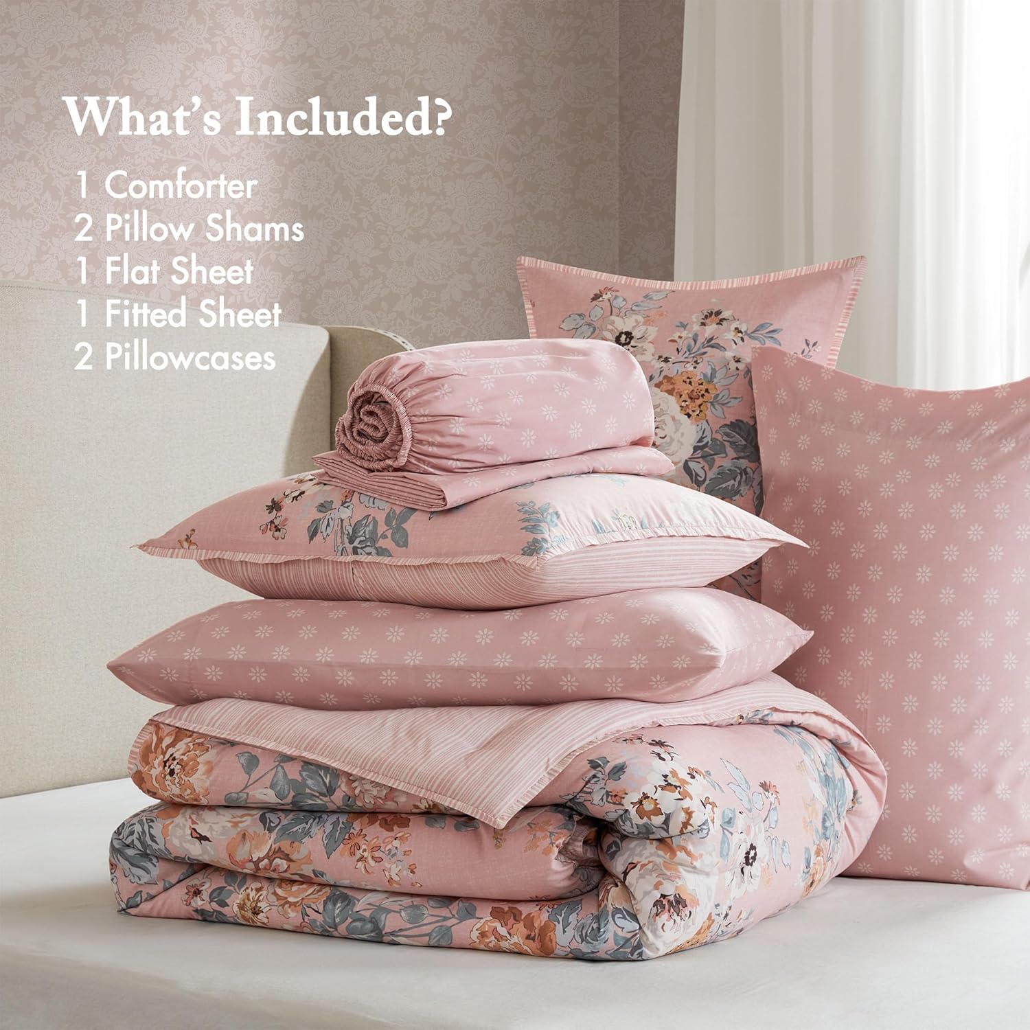 Madison Park Essentials Floral Comforter Set Queen Size, Vintage Flower Bedding Set with Sheet Set, 7 Pieces Bed in a Bag with Reversible Botanical Comforter and Pillowcases & Shams, Heather, Pink