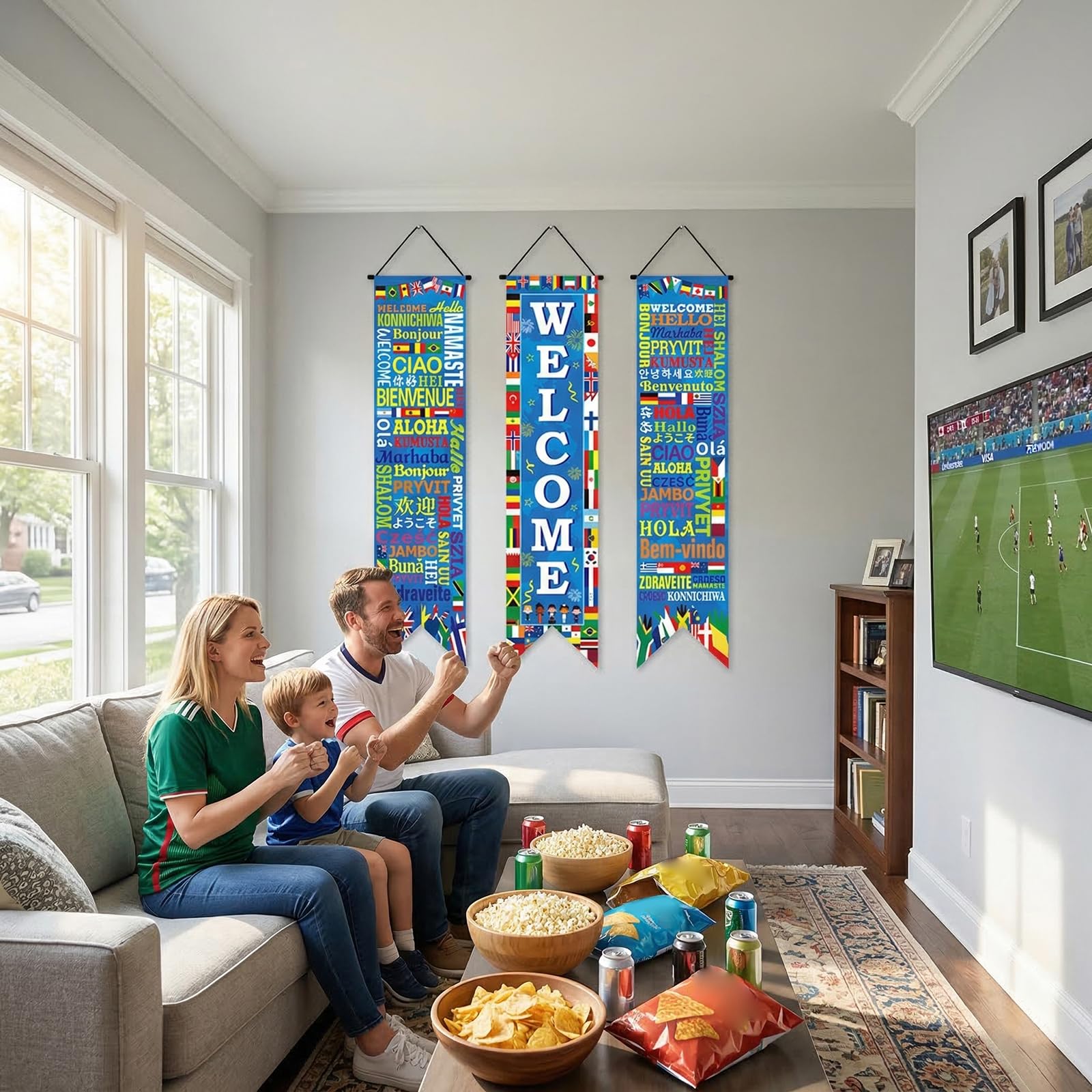 Décorations Coupe du Monde de Football 2026 - 3 Bandères Suspendues Thème Football