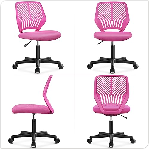 Miniatura 9 de Yaheetech Linda silla de escritorio para estudiantes, silla de estudio sin brazos con soporte lumbar, silla giratoria ajustable en el hogar, Rosa
