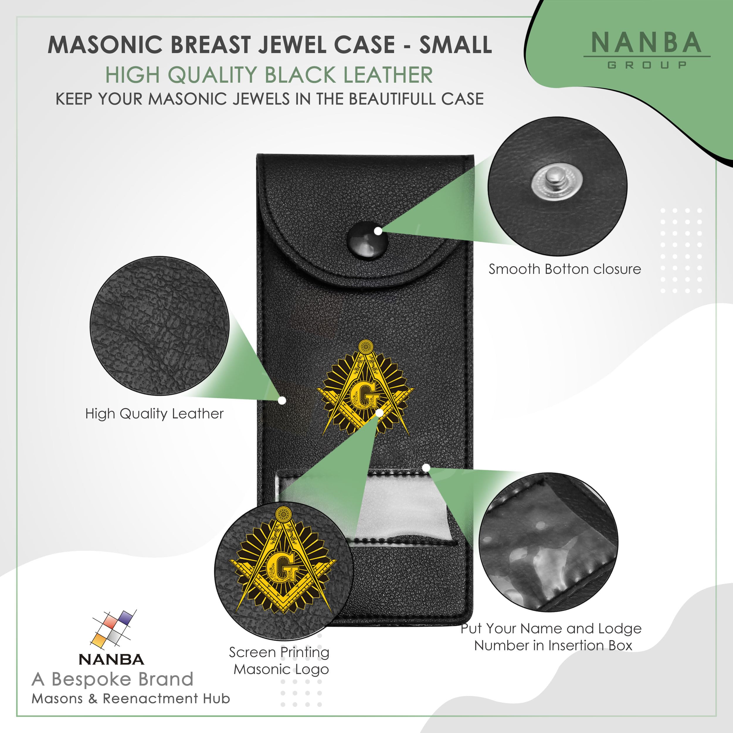 Masonic Regalia Pocket Jewel Holder Case Leather Carry Wallet with Soft Lining for Freemason Lodge Jewels, Pins & Badges - Square Compass G Gold & Black - Printed