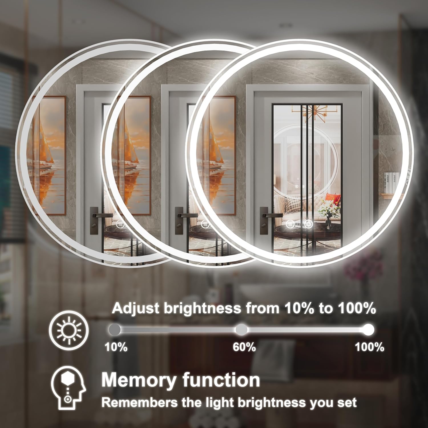 32 Inch Round LED Bathroom Mirror with Anti-Fog, Dimmable Front & Backlit Lights, 6000K Daylight, Frameless, 5mm HD Glass, Memory Function, Touch Control