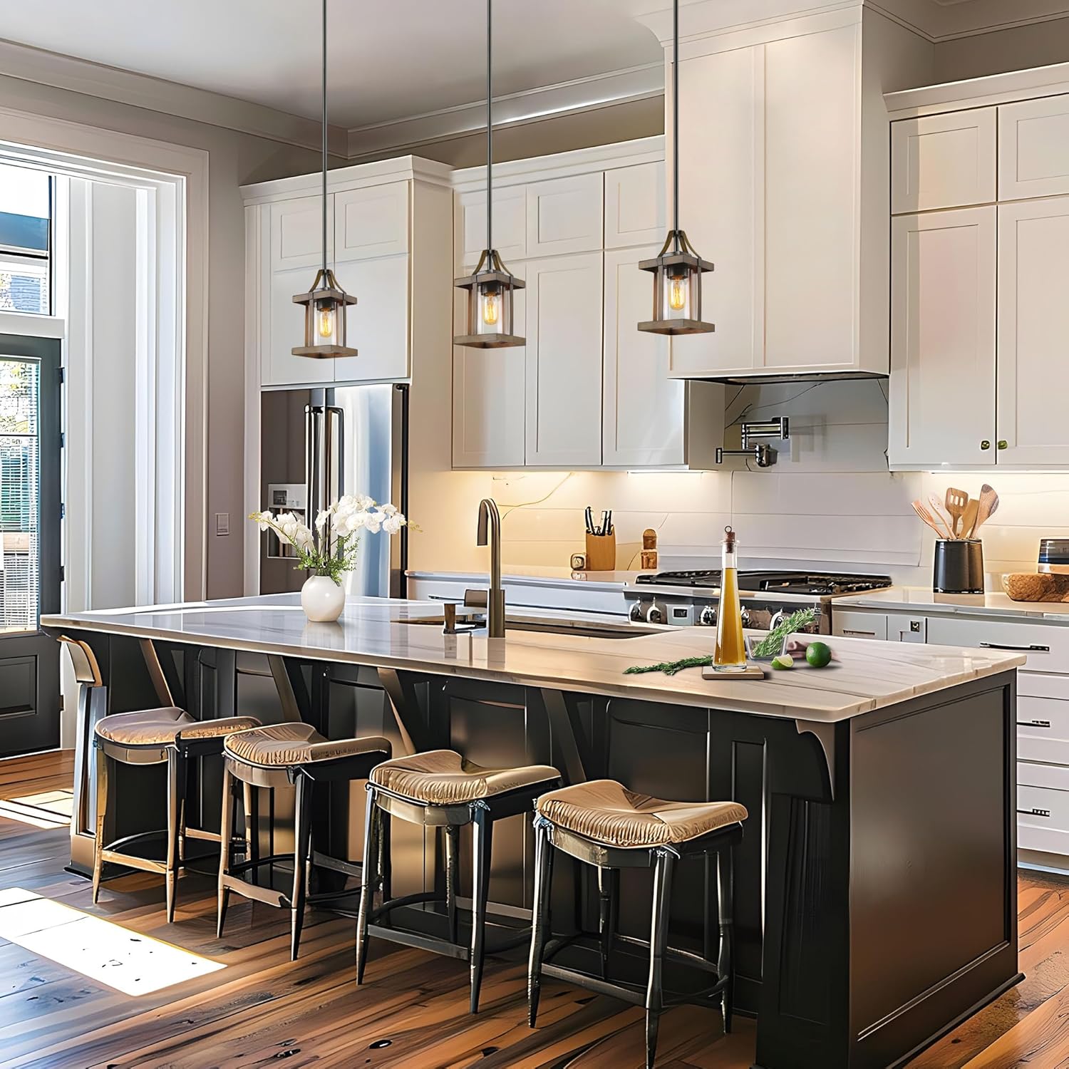 LOG BARN Pendant Lights Kitchen Island, Farmhouse Kitchen Pendant Lighting Over Island with Clear Glass, Rustic Faux Wood Pendant Light Fixtures, 5.5'' x 10.3''