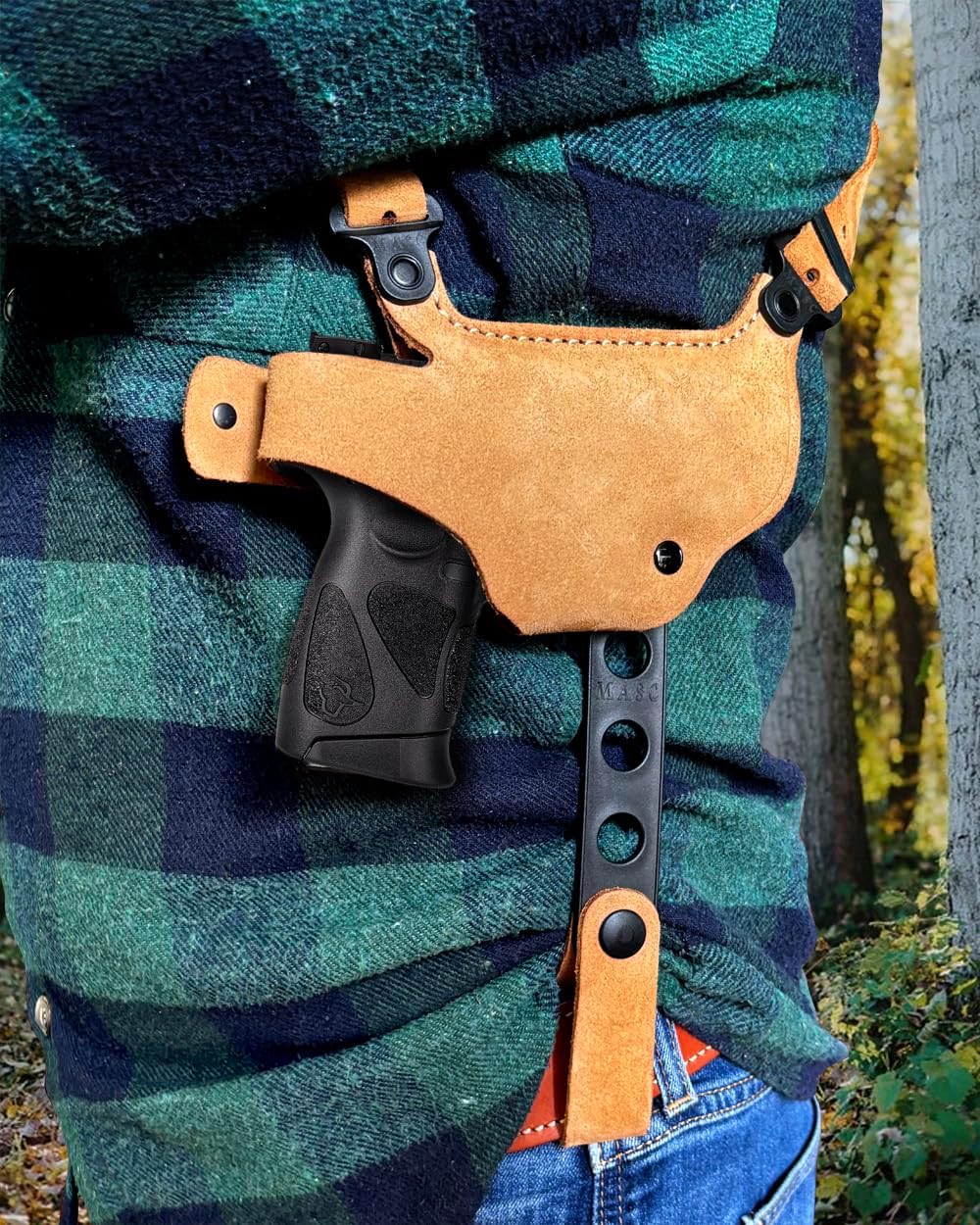 Premium Suede Leather Shoulder Holster with Single Mag Carrier Fits Hellcat 9mm Micro Compact 3’’ Barrel, Right Hand Draw, Brown Color #1524#