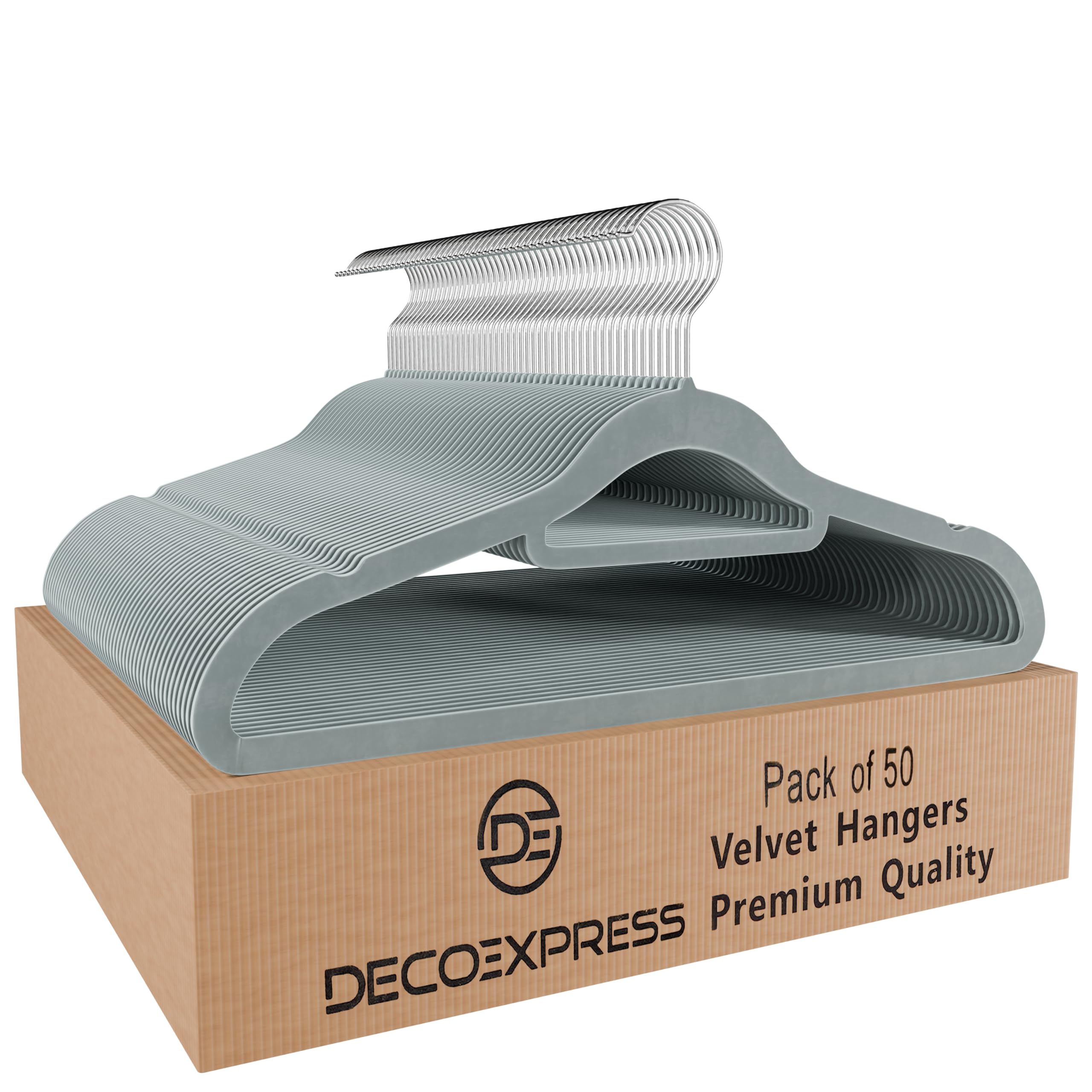 DECO EXPRESS Velvet Hangers, Multipack Non Slip Coat Hangers with 360° Swivel Hooks, Space Saving Wardrobe Organiser for Kids & Adults Clothes (Grey, 50 Pack)