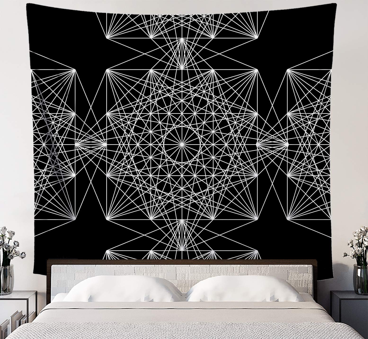 Sacred Geometry 64 tetrahedron Tapestry, Mandala Design, Simple Black and White Boho Wall Hanging for Bedroom Living Room Dorm, 58x51 inches