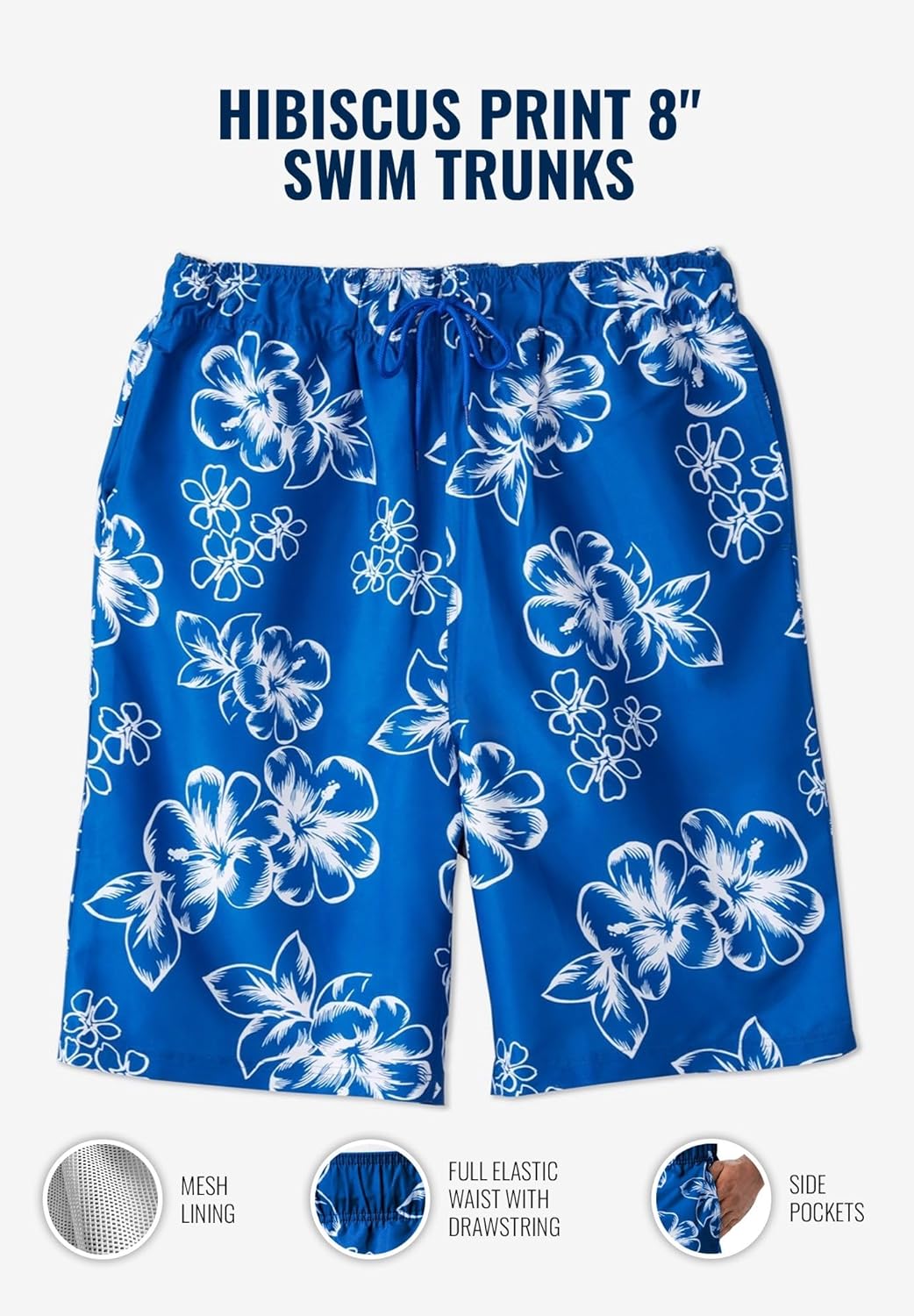 KingSize Men's Big & Tall Hibiscus Print 8" Swim Trunks