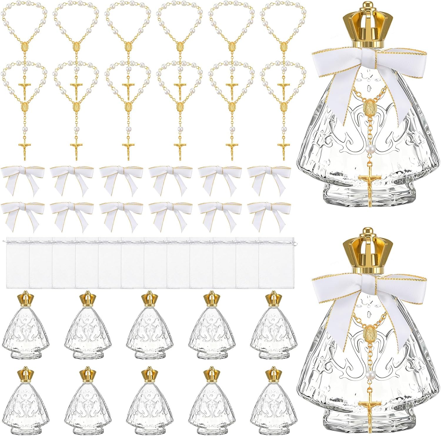 12 Sets Recuerdos de Bautizo Holy Water Bottles, Recuerdos de Primera Comunion Glass Containers with Cross Rosary Organza Bag Bow, 50ml Communion Favors Wedding Baptism Party Favors (White)