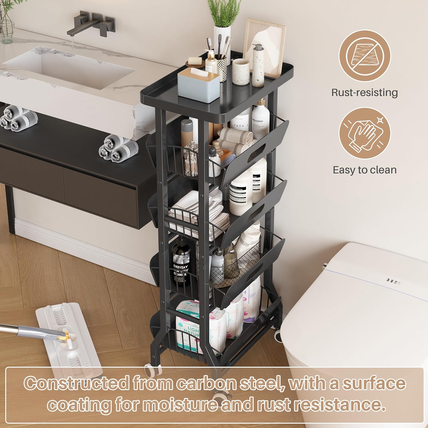 5-Tier Snack Cart with 4 Sliding Drawers and Fixed Top Shelf, Mobile Utility Organizer with Wheels for Kitchen, Office, Bathroom-Black