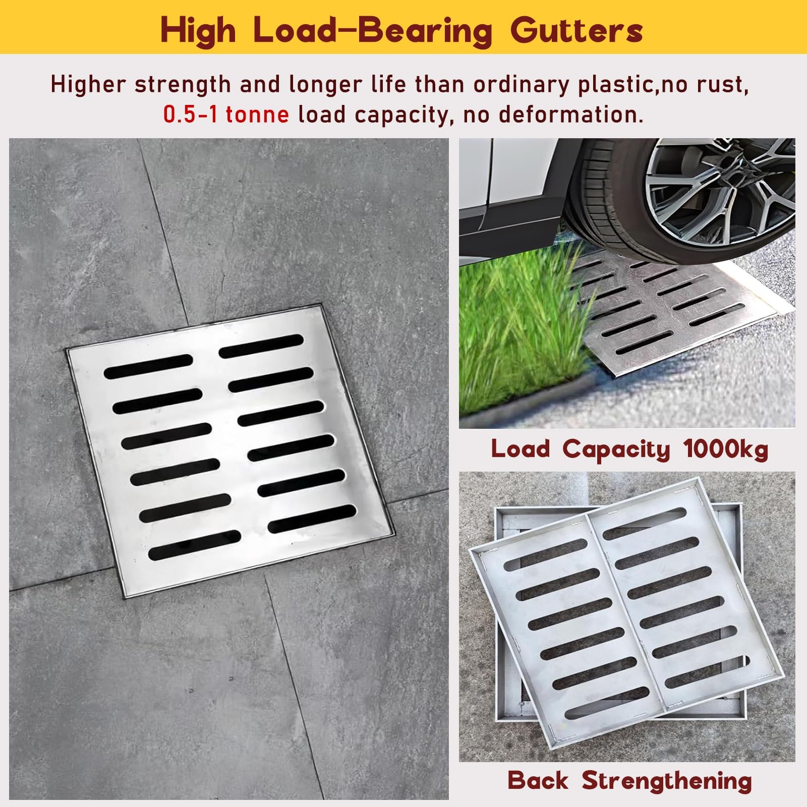 Rejilla de desagüe Cuadrada de Acero Inoxidable con Tapa extraíble - Sumidero Decorativo para Garaje Exterior, Sistema de canaletas para Pisos de concreto, solución de Drenaje Duradera y ele