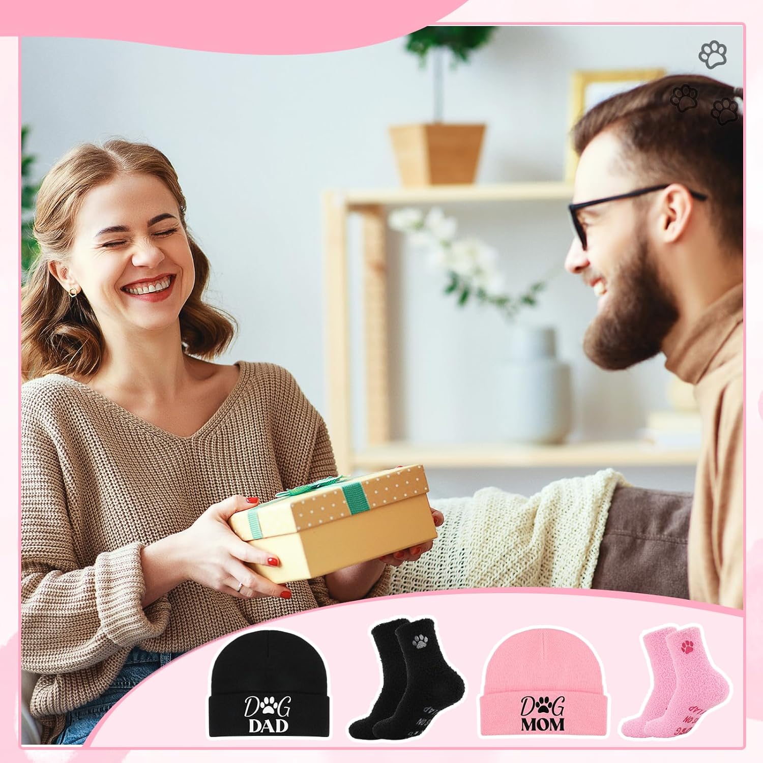 4 Pcs Dog Lovers Gifts for Women Men Include Dog Dad Mom Beanie Hat Coral Fleece Funny Socks for Christmas Birthday Gifts Black Pink - Image 5