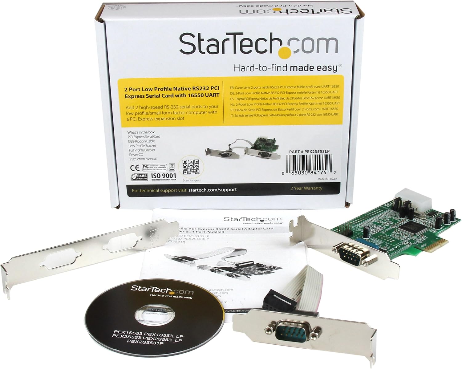 StarTech.com 2-Port Low Profile PCI Express RS232 Serial Adapter Card, PCIe to DB9, Windows/Linux, TAA - Replaced by PEX2S953LP