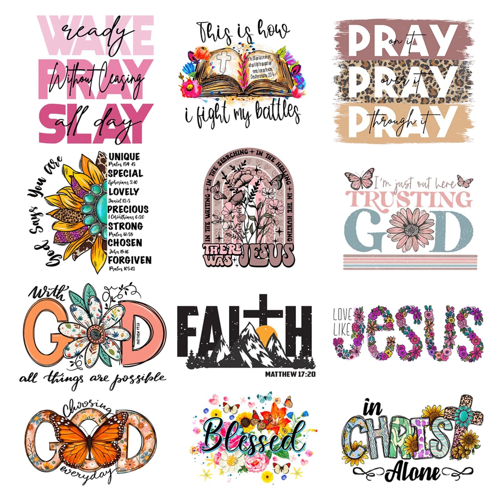 12PCS Small Size Jesus God Iron On Decals Thermal Transfer Stickers for Clothing Heat Press Decoration Appliqued Sublimation Patches Iron On Transfer Designs Heat Press Vinyl for Shirts(Letter)